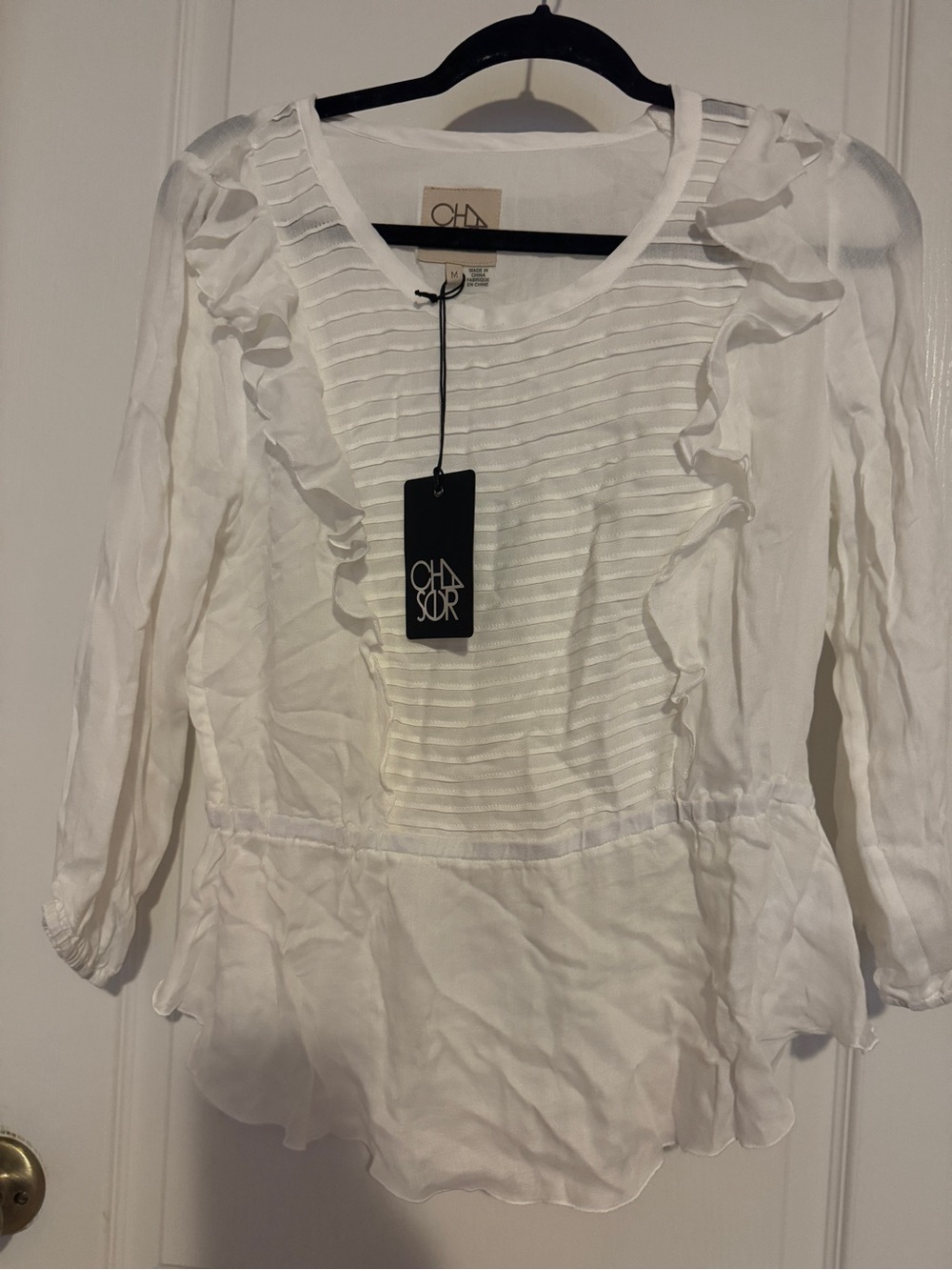 Chaser White Ruffle Pintuck Blouse